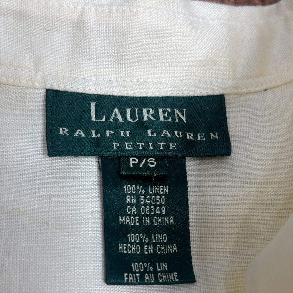 Lauren Ralph Lauren 100% Linen Ruffle Front Pearl Button up Blouse Size tag - Picture 10 of 10